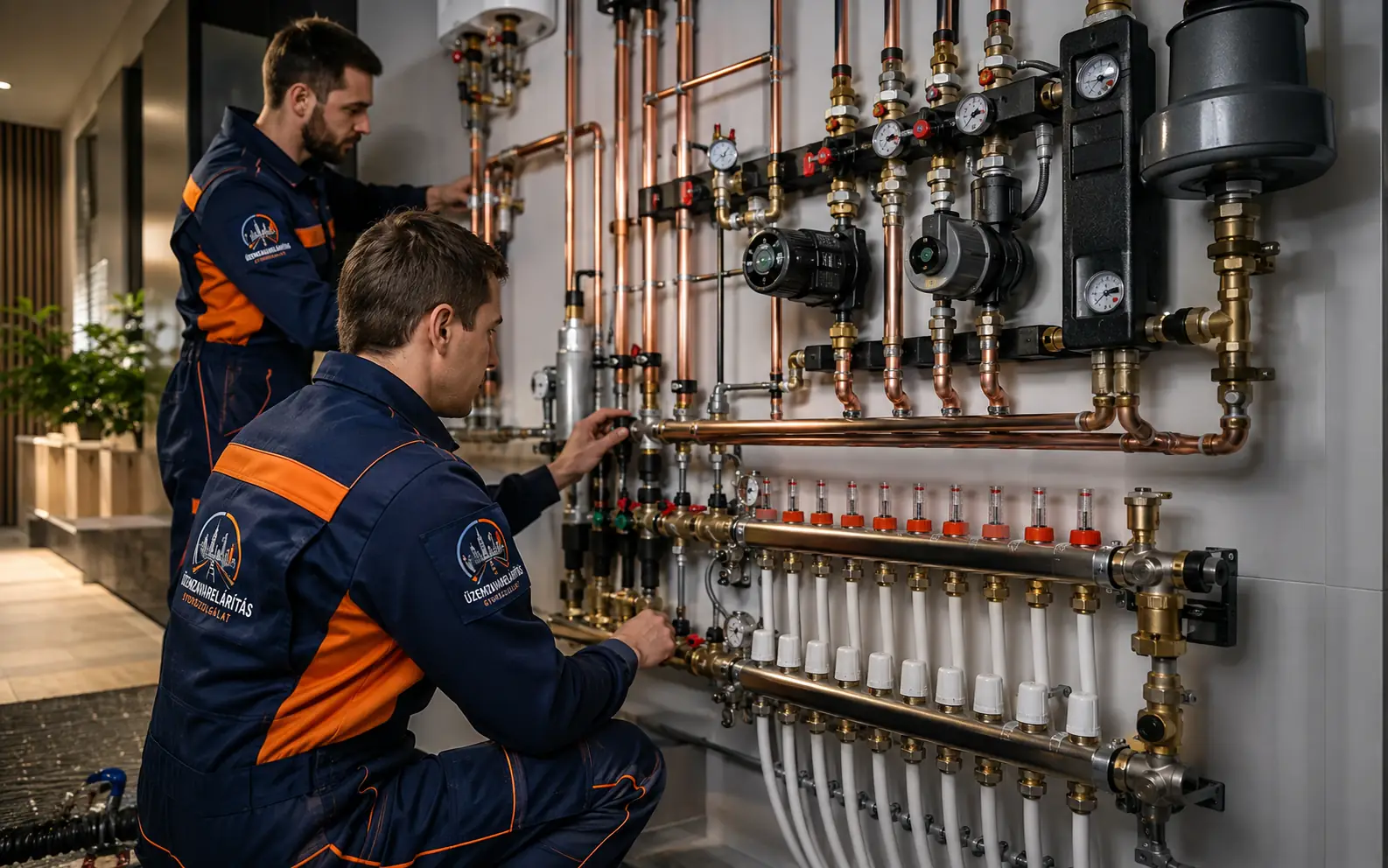 Új központi fűtésrendszer csőhálózatának és gépészeti alapcsövezésének kiépítését bemutató jelenet