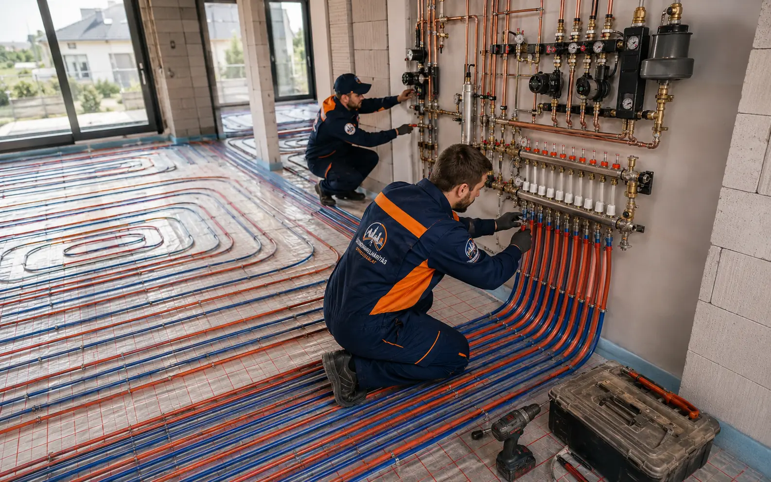 Központi fűtésrendszer kiépítése osztó-gyűjtővel, hidraulikai csomópontokkal és fűtési csőhálózattal