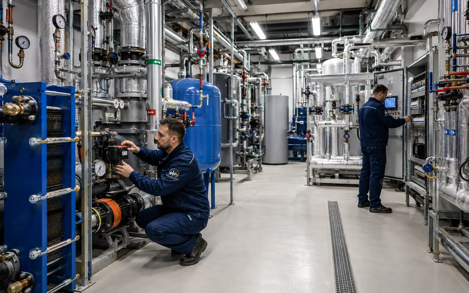 Társasházi gépház és központi hőellátási rendszer modernizációját bemutató műszaki jelenet