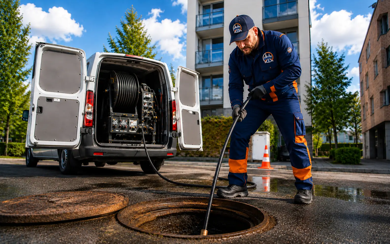 Lakossági WOMA csatornatisztítás nagynyomású tömlővel és felszerelt szervizautóval